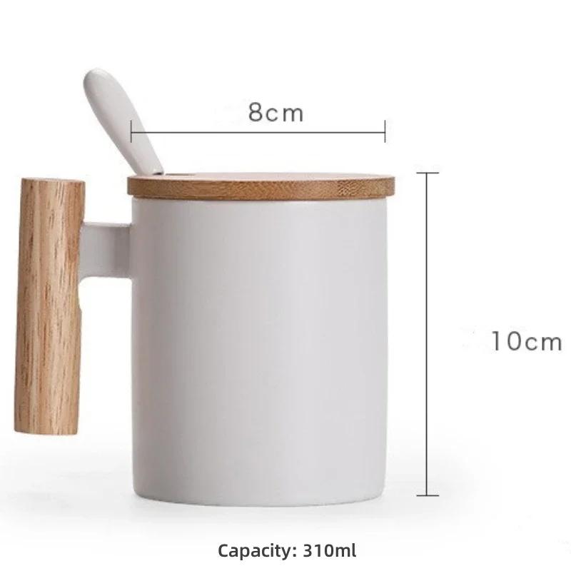 310ml Simple Style Ceramic Water Cup with Wooden Handle Coffee Mug with Lid Stainless Steel Spoon Tea Cup Modern Couple Cups