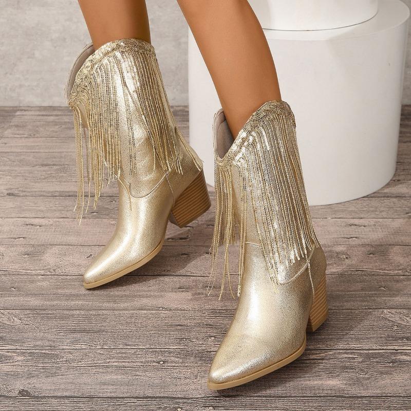 2024 Новые классические женские винтажные ковбойские сапоги с золотой бахромой для женщин, туфли на квадратном каблуке, концертные вестерн-сапоги для женщин