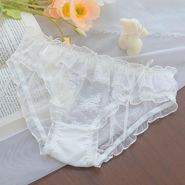 Woman's Underpants Sexy Dot Flounce Underwear See-through Lace Pants Bow Decoration Printed Panties Breathable Net Cloth Briefs