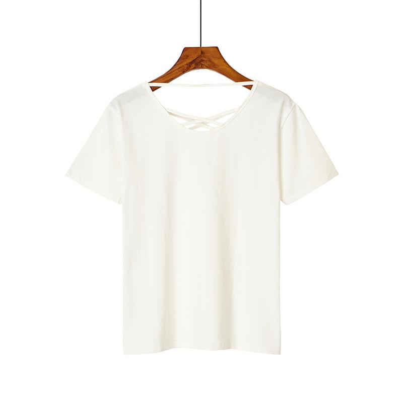 Summer ice porcelain cotton short-sleeved careful machine top design sense back cross with sexy simple T-shirt women