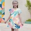 Girls Round Neck Flutter Sleeve A Line Flared Geometric Printed Dress