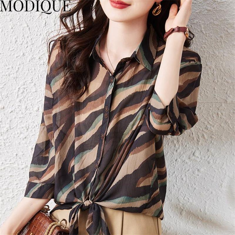 MODIQUE/летняя женская хлопково-льняная блузка больших размеров с принтом, волнистый вырез, летние офисные женские пальто, большие пуговицы-поло