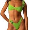 2Pcs/Set Women Bikini Set 3D Floral Decor Pleated Wire Padded Bra High Waist Briefs Set Solid Color Beachwear
