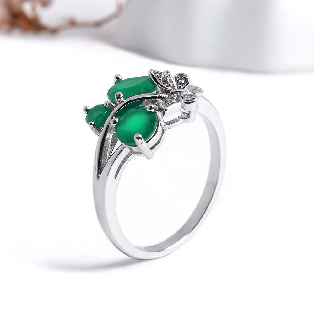 Butterfly Design Silver Jewelry Set with Natural Green Agate Gemstones Earrings And Ring for Women