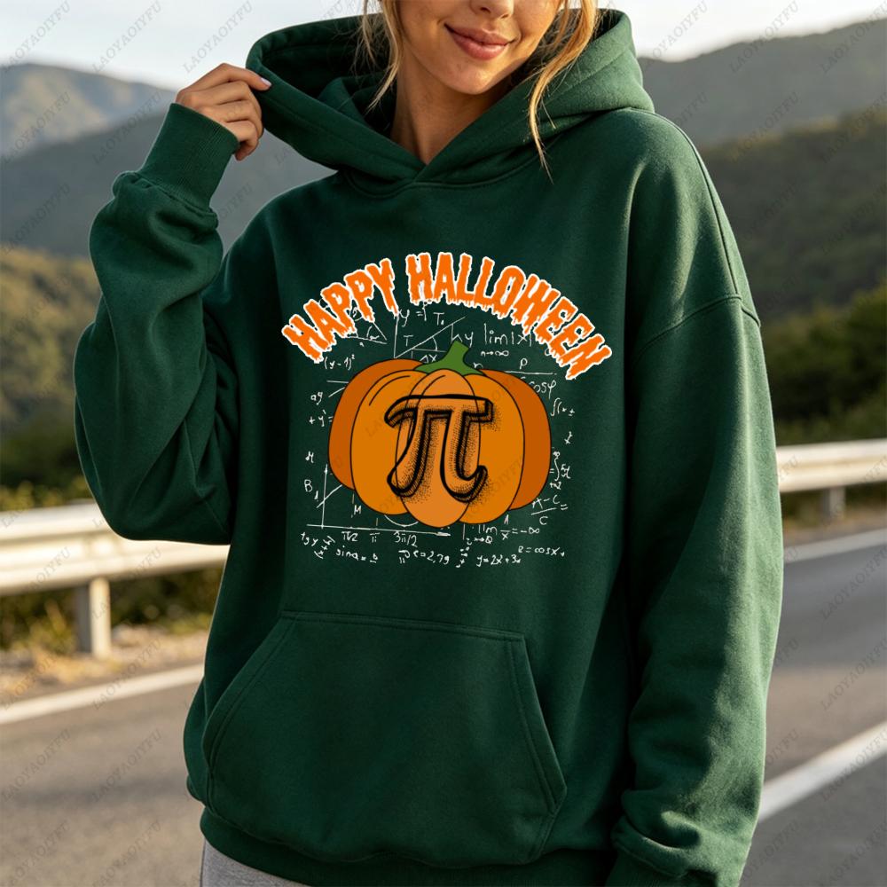 Happy Halloween Pumpkin Pi Math Teacher Graphic Hoodie Women Funny Science Bookworm Casual Long Sleeve Fall Holiday Daily Wear