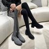Women Knitting Sock Boots Spring Fashion Cozy Square Heel Pointed Toe Stretch Over The Knee Boots Grey and Black Women Shoes