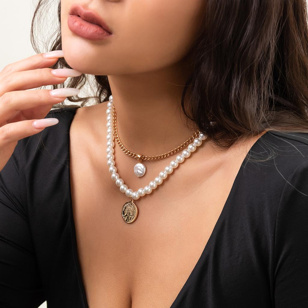 Универсальное рельефное геометрическое ожерелье-подвеска, простое ожерелье из искусственного жемчуга необычной формы в два слоя для женщин