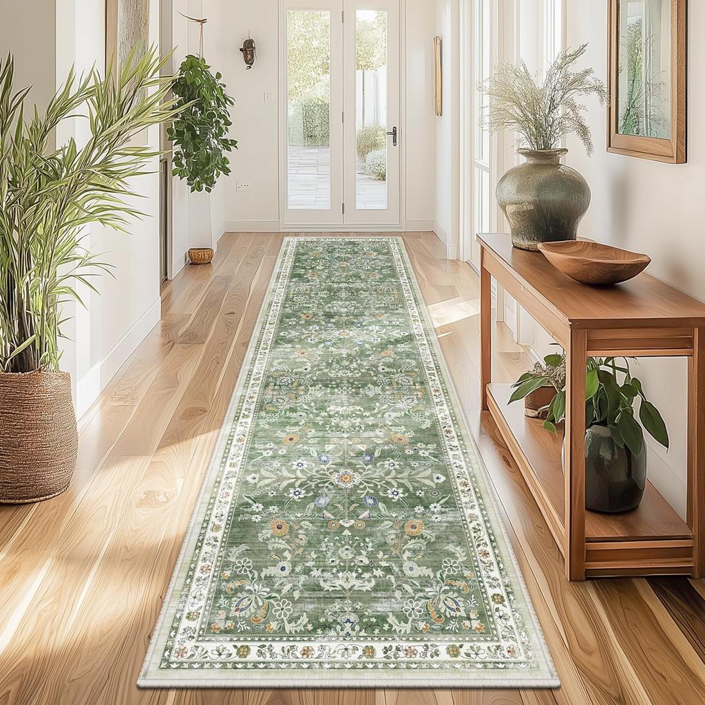Washable Runner Rug: 2x6.6 Waterproof Non Slip Boho Floral Distressed Low Pile Faux Wool with Rubber Backing for Kitchen Laundry Bedroom Entrance