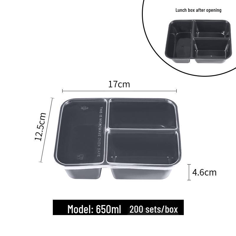 European & American Round Three-Compartment Disposable Lunch Box, Thickened Transparent Black Container for Takeaway Packaging