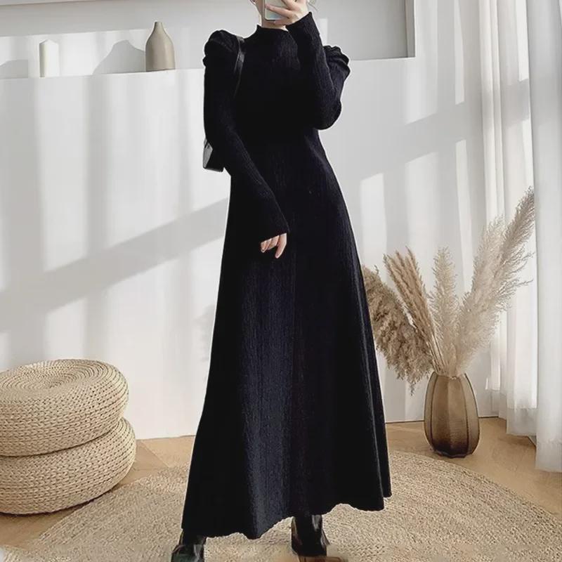 2024 A/W High Waist Knit Sweater Dress with High Neck and A-Line Skirt