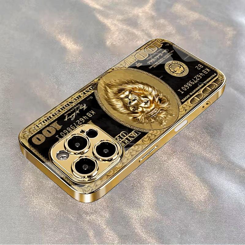 Чехол для телефона со стеклянной задней панелью, золотистый металлик, узор "Лев Богатства", для iPhone 17 16 15 14 13 12 11 Pro Max 15 14 Plus 17 Air 16E