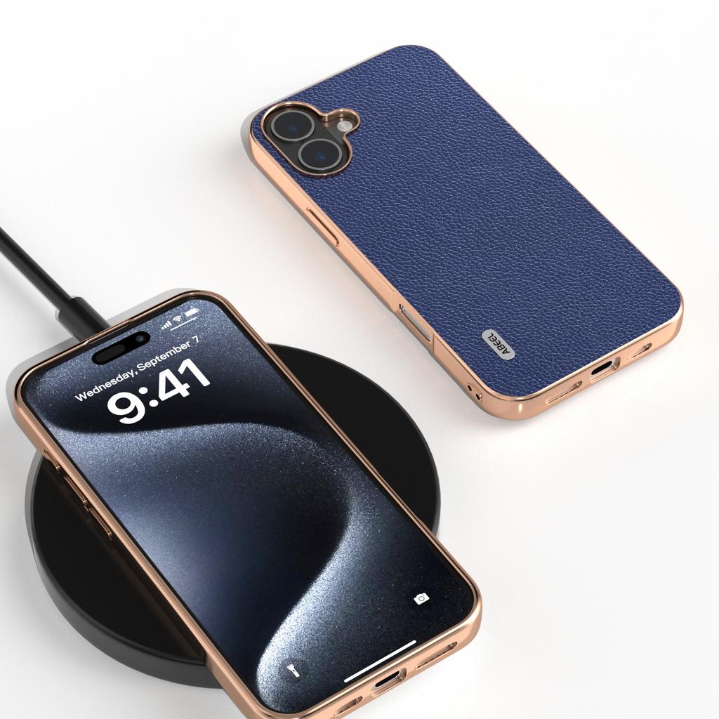 ABEEL For iPhone 16 Plus Case Genuine Cow Leather+PC+TPU Electroplating Phone Cover
