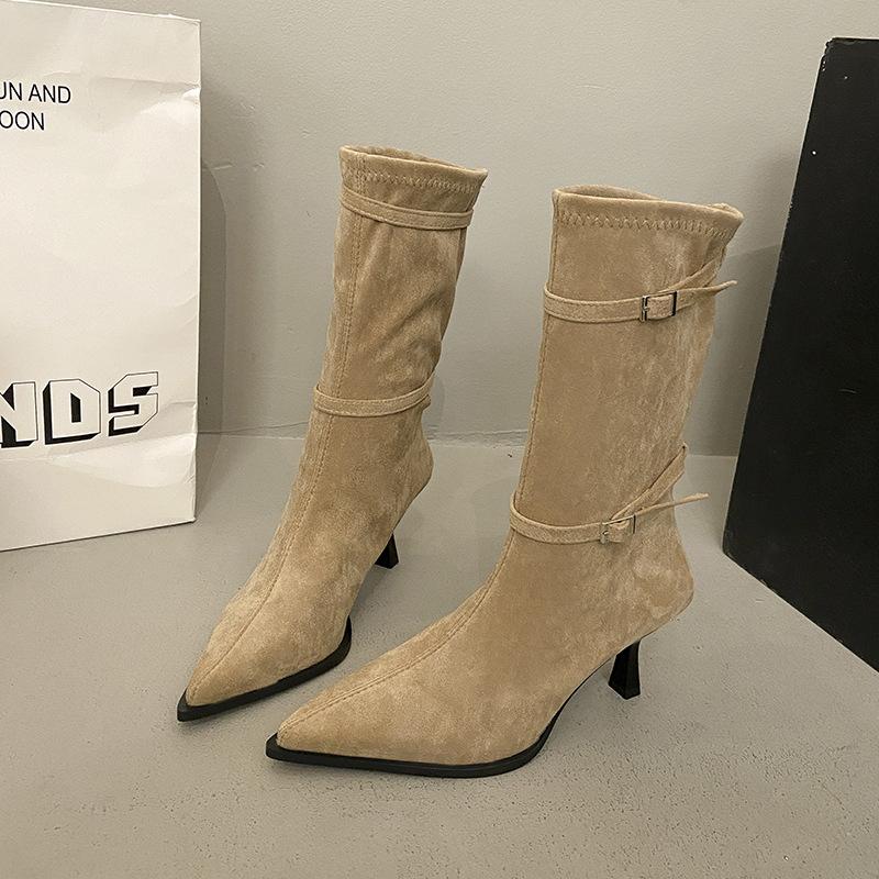 Мода 2025 Замшевые французские ботильоны-скинни на остром каблуке Модные ботильоны-чулки цвета хаки средней длины со складками и сборками