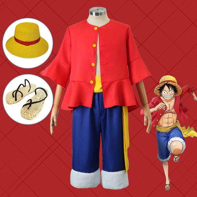 Костюм для косплея One Piece Костюм для косплея Luffy Одежда для косплея Куртка Соломенная шляпа Обувь Парик Костюм