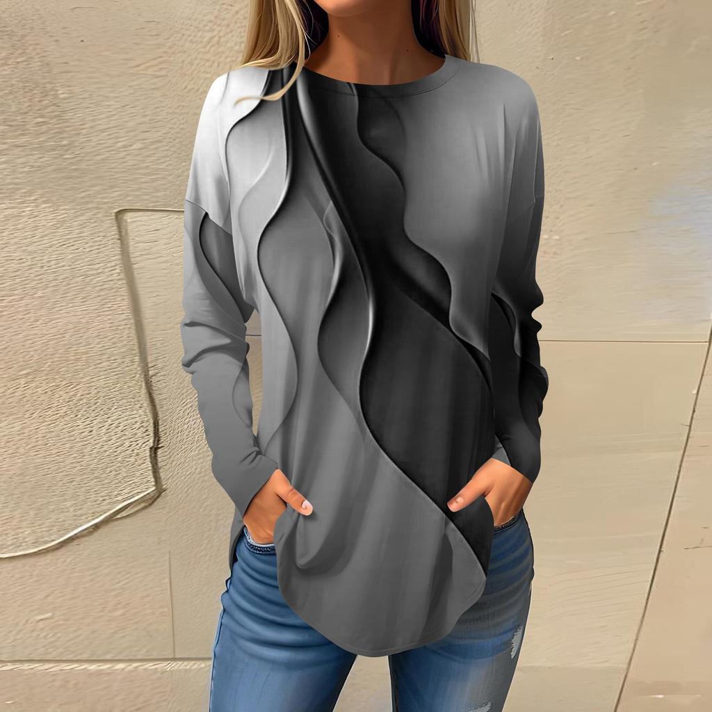 Женская свободная футболка с длинным рукавом с круглым вырезом и принтом, верхний пуловер
