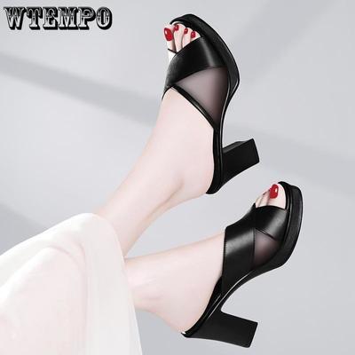 Мягкие кожаные тапочки на толстом каблуке из искусственной кожи, женские летние сандалии на высоком каблуке с рыбьим ротом, нескользящие тапочки для верхней одежды