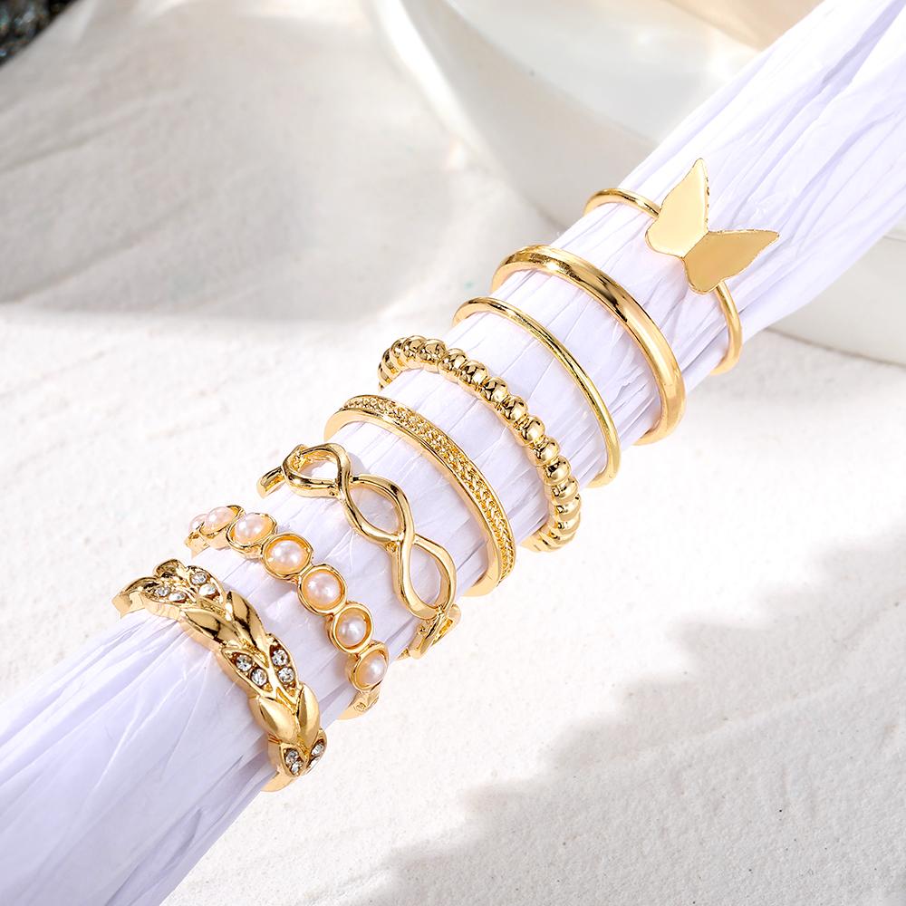 Нежное кольцо с бабочкой, жемчужное кольцо с бриллиантом, гламурное, элегантное, вечернее, роскошное, женское, в европейском стиле, комплект колец, кольцо из 8 предметов