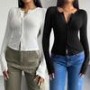 Женская футболка-henley с длинным рукавом, облегающая, элегантная, однотонная, на пуговицах, повседневный укороченный кардиган, футболка для весны, осени, повседневной носки
