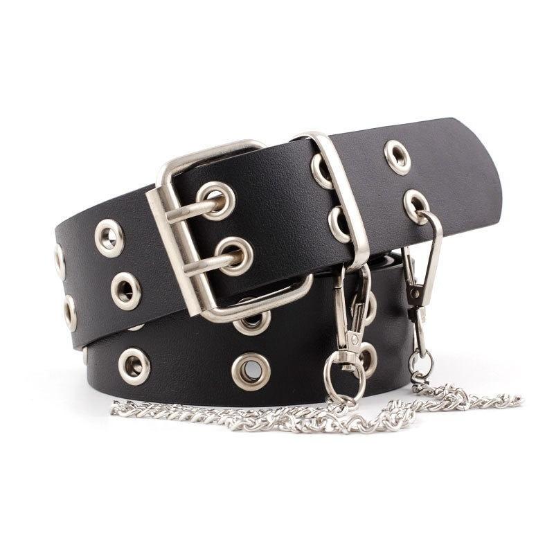 Women Punk Chain Belt Adjustable Black Double/Single Eyelet Grommet Metal Buckle Leather Waistband for Jeans