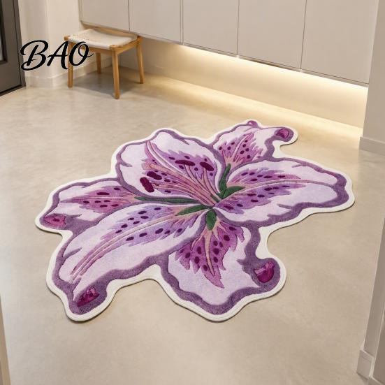 Skin Friendly Bedside Rug Lily Shape Floor Mat, Absorbent Velvet for Bathroom And Entrance, Non-slip Decorative Easy Clean Area Flower Bedroom