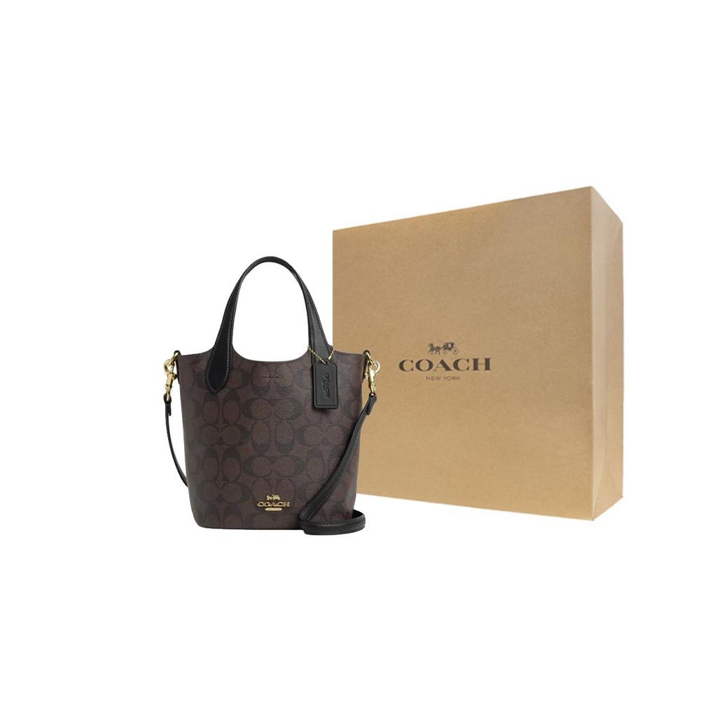 Coach Hanna 18 Brand Logo Magnetic Snap Detachable Bucket Bag Women Shoulder Bag Gold Brown Black CR256-IMAA8