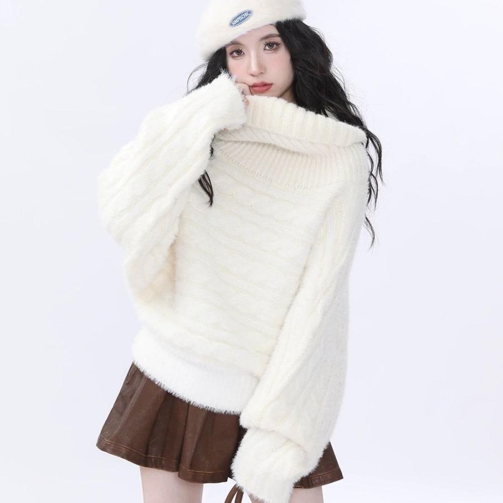 One-word Shoulder Sweater Women's Autumn and Winter New Gentle and Loose High-end Knitted Sweater Pullover Twist Top