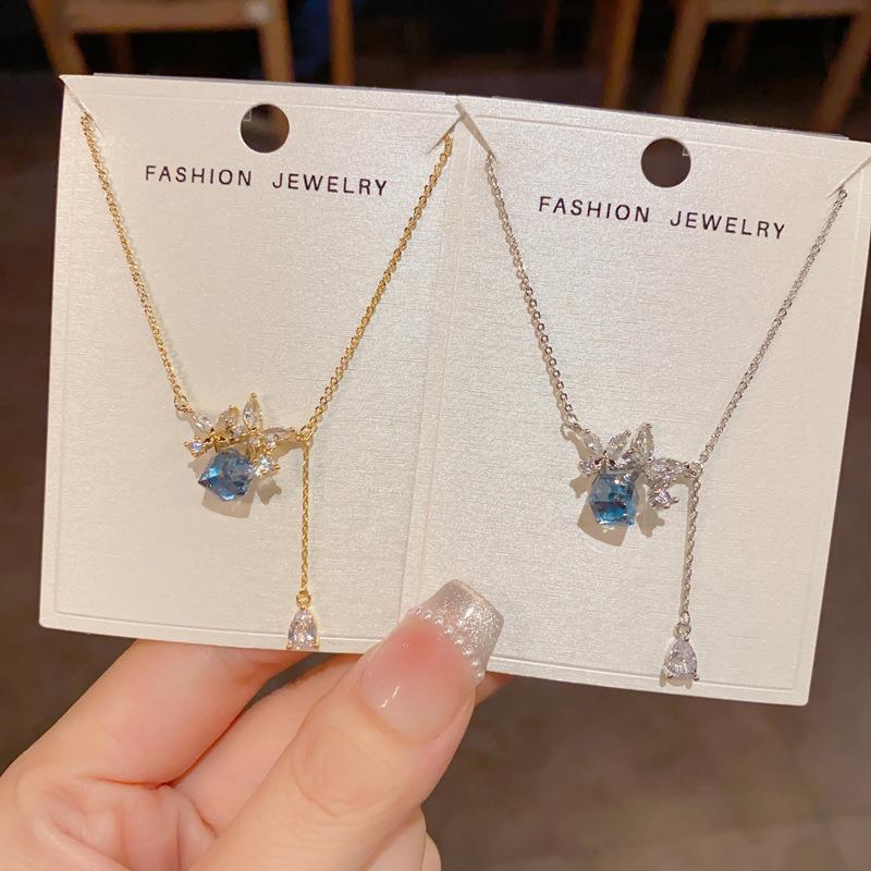 Exquisite Fashion Luxury Butterfly Square Diamond Tassel Clavicle Necklace For Women