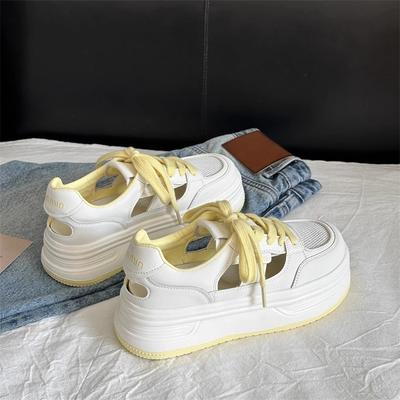 Кожаные спортивные сандалии женские летние новые туфли с полыми отверстиями на толстой подошве, сетчатые дышащие белые туфли, женская обувь