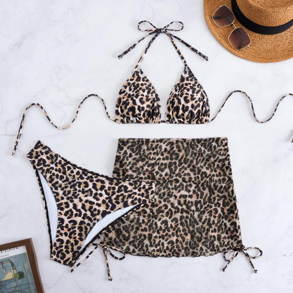 European and American new sexy leopard print beach skirt split swimsuit three-piece women's lace-up fashion bikini swimsuit