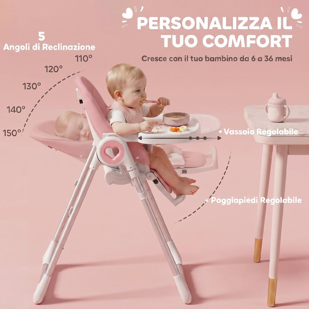 Folding High Chair, 6-36 Months, Adjustable Height, Double Washable Tray, Wheels, Pink