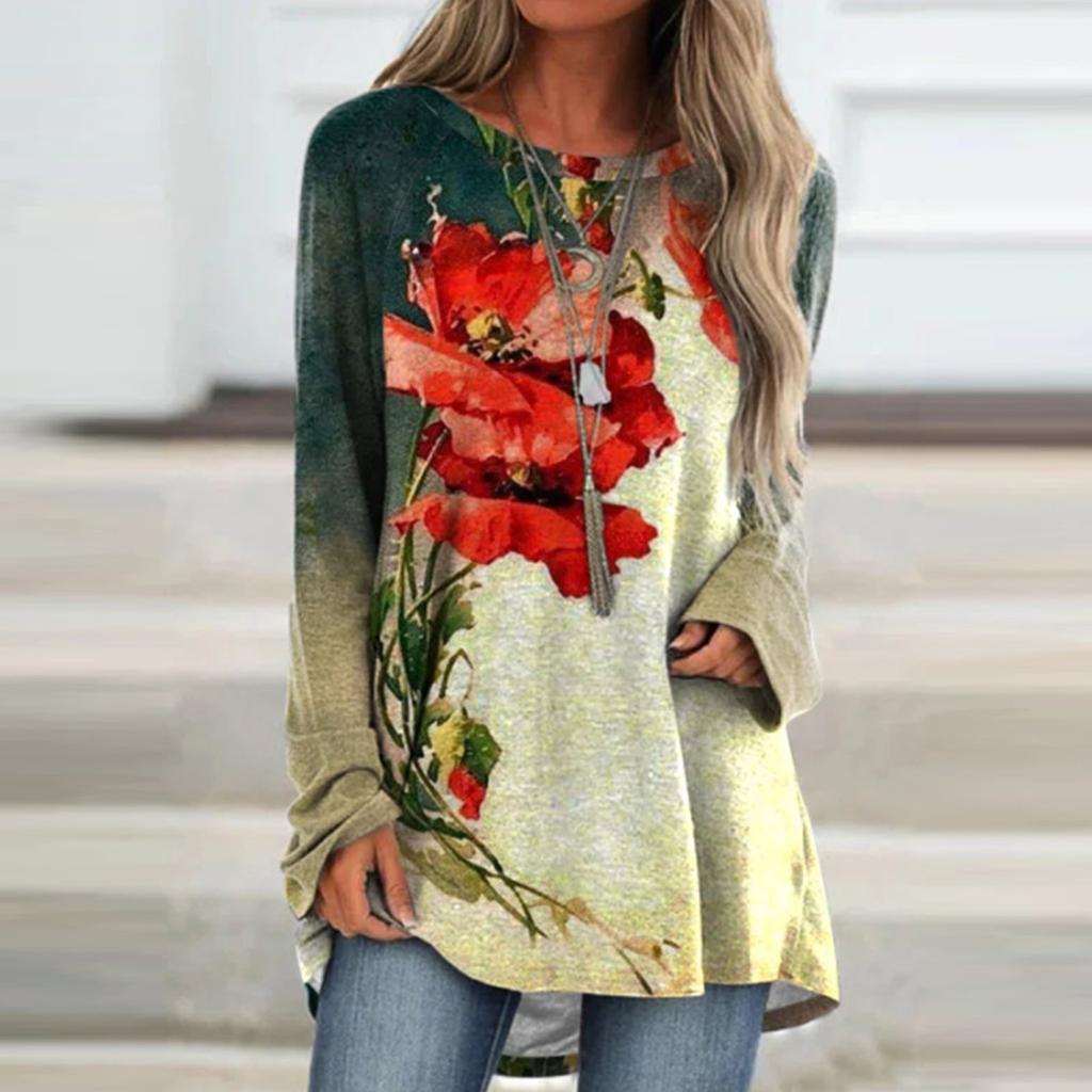 Women's Casual Fashion Creative Print Loose Round Neck Long Sleeve Tops