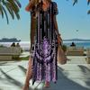 Lady Summer Dress Color Matching Geometric Print V Neck Split Hem Short Sleeves A-line Loose High Waist Casual Daily Wear Maxi Dress
