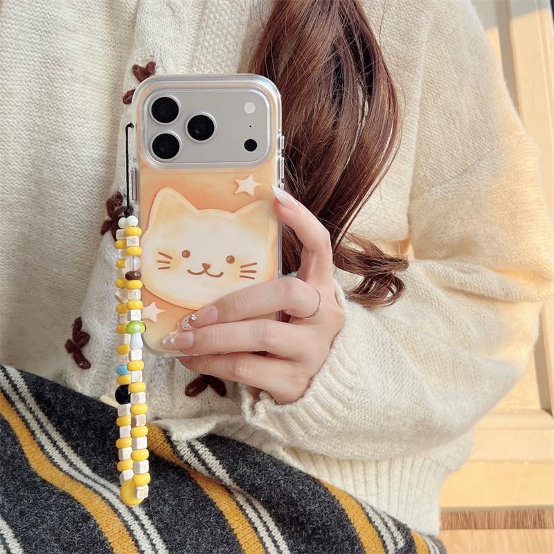 Милый Чехол для Телефона с Кошкой и Браслетом-Шнурком из Бусин для iPhone 17 16 15 14 Pro Max Ударопрочный Мягкий ТПУ Защитный Чехол для Девочки