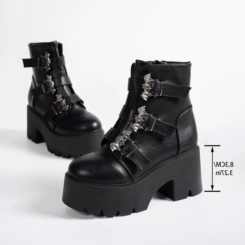 Women Boots Fashion Mid Calf Leather Boot Street Punk Boots Motorcycle Ankle Boot 8cm Height Increasing Platform Boots for Women