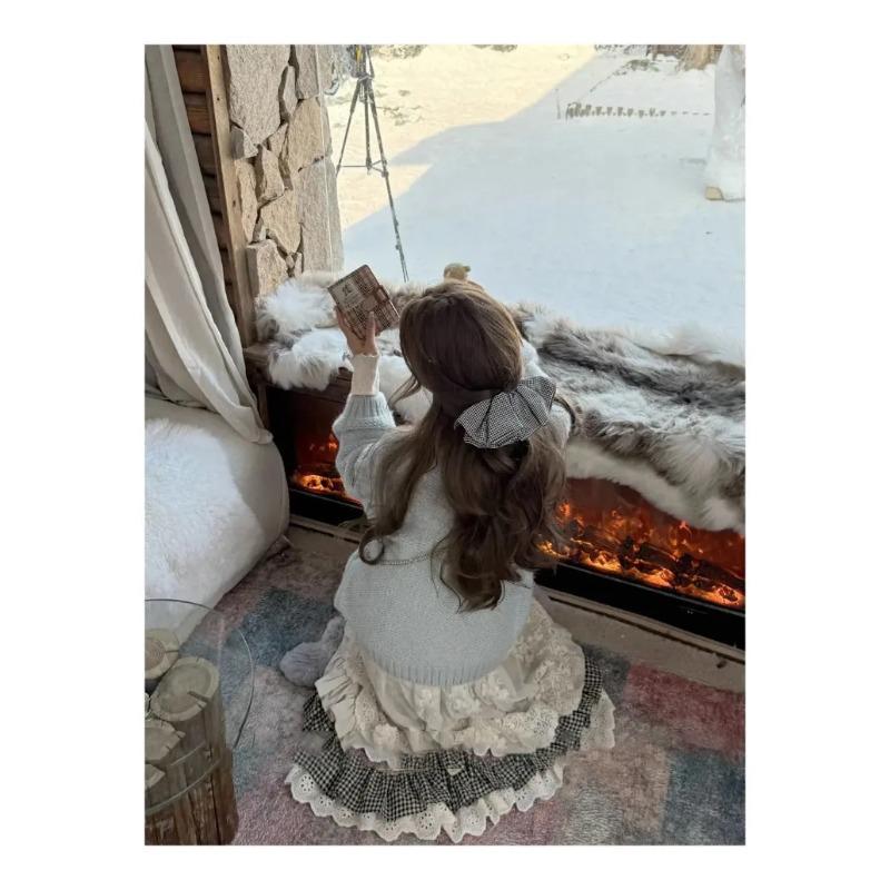 Женская милая винтажная юбка в стиле Mori Girl, с высокой талией, вставками, клетчатая, длинная, зимняя, корейская мода, бежевое кружево, кавайная, макси