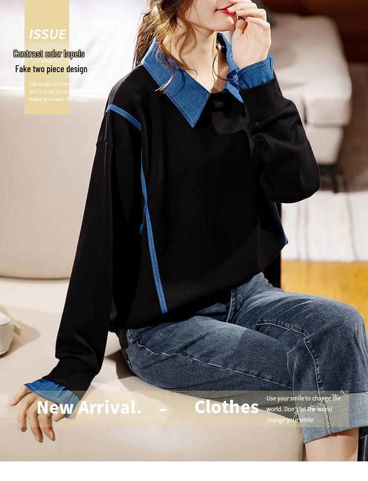 Женская толстовка без капюшона: Мода осень/зима 2023 года, свободный крой, модный длинный рукав, имитация двухкомпонентного костюма, большой размер.