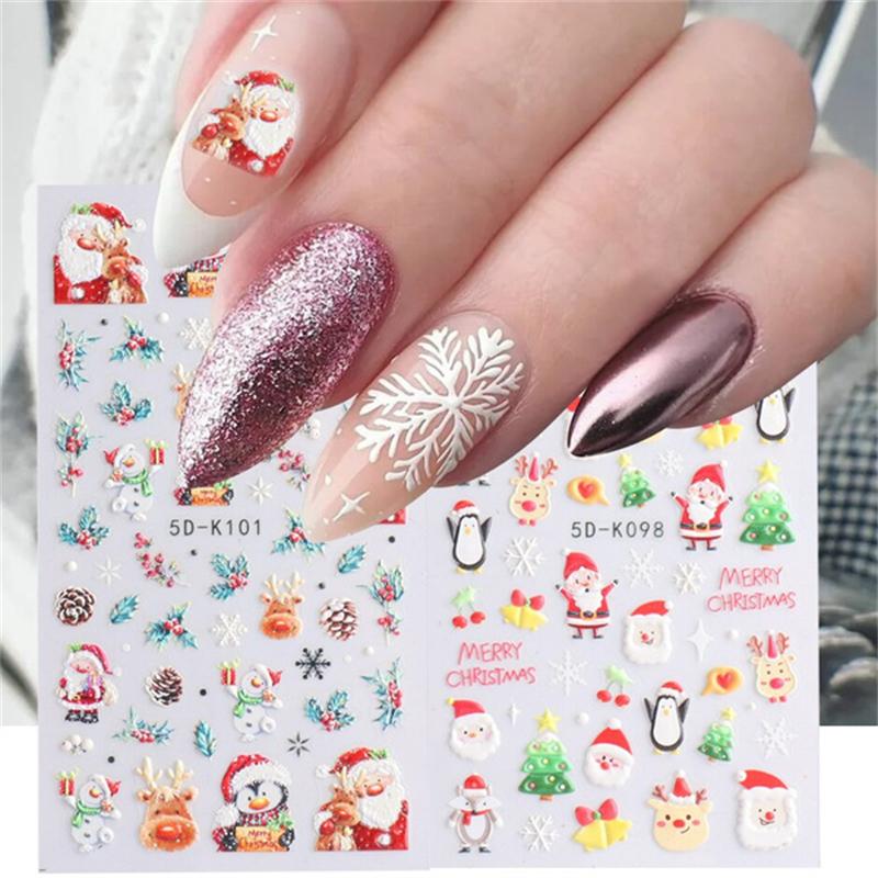 5D Nail Art Stickers Embossed Snowflake Snowman Bird Pattern Christmas Nail Stickers Nail Art Decor Decals