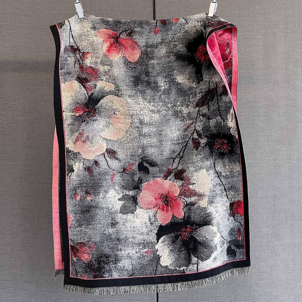 Autumn Personality Fashionable Plant Flower Print Scarf Women's Imitation Cashmere Warm Windproof Scarf Temperament Versatile Shawl