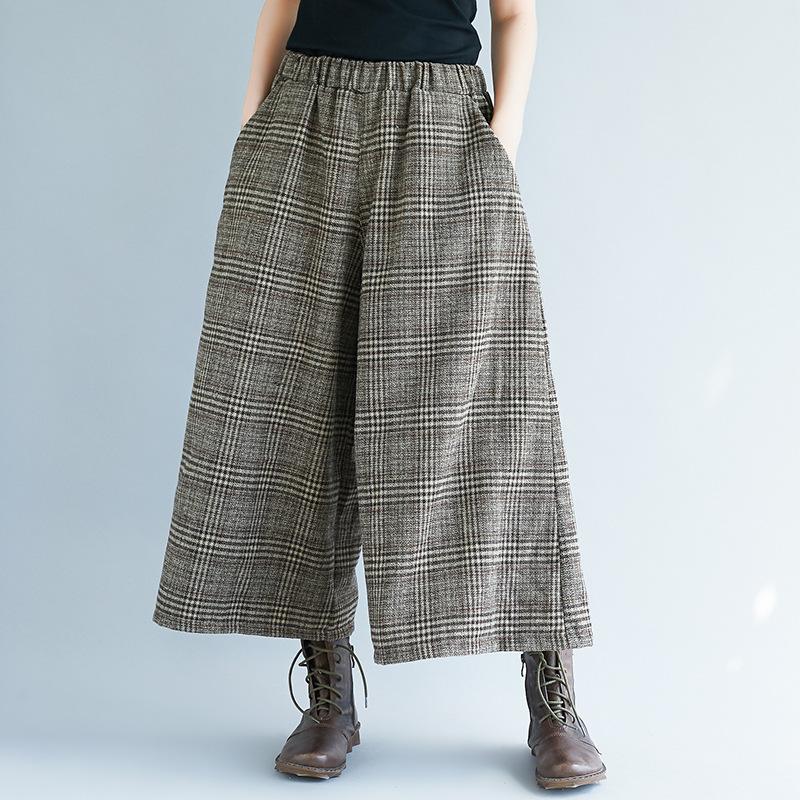 Wide Leg Loose Plaid Women Pants Elastic Waist Calf-Length 2024 New Casual Office Lady Women Pants