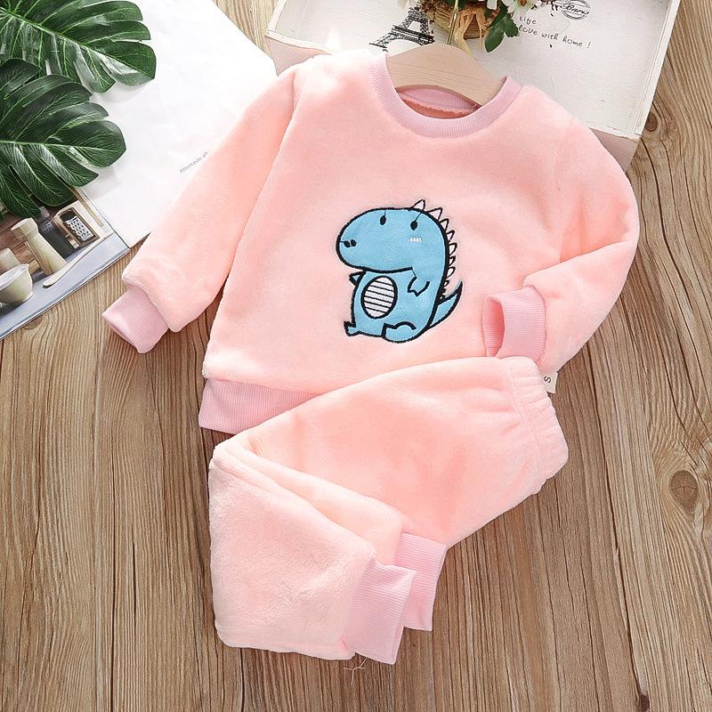 Winter Warm Sleepwear Suit 1-4Y Boys Pantsuit Plus Velvet Flannel Outfit Child Girls Thick Coral Fleece Pajama Sets 2Pcs