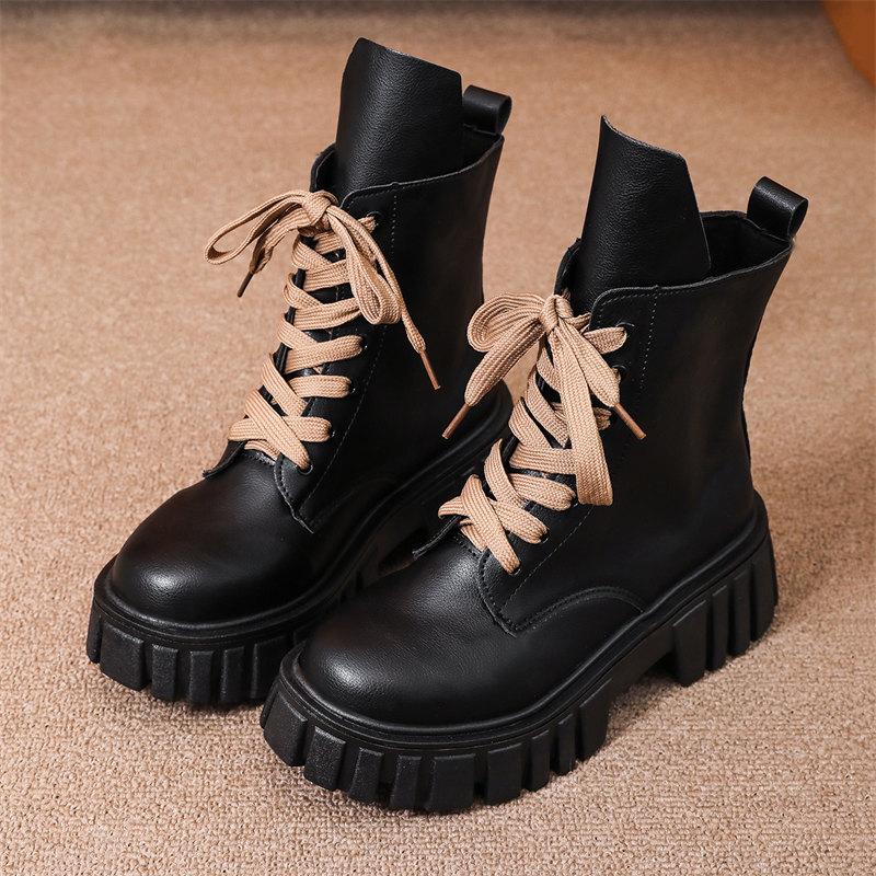 Модные черные ботильоны на толстой платформе, женские, осень-зима, из искусственной кожи, боевые ботинки, женские, панк, толстые, со шнуровкой, мотоциклетные ботинки