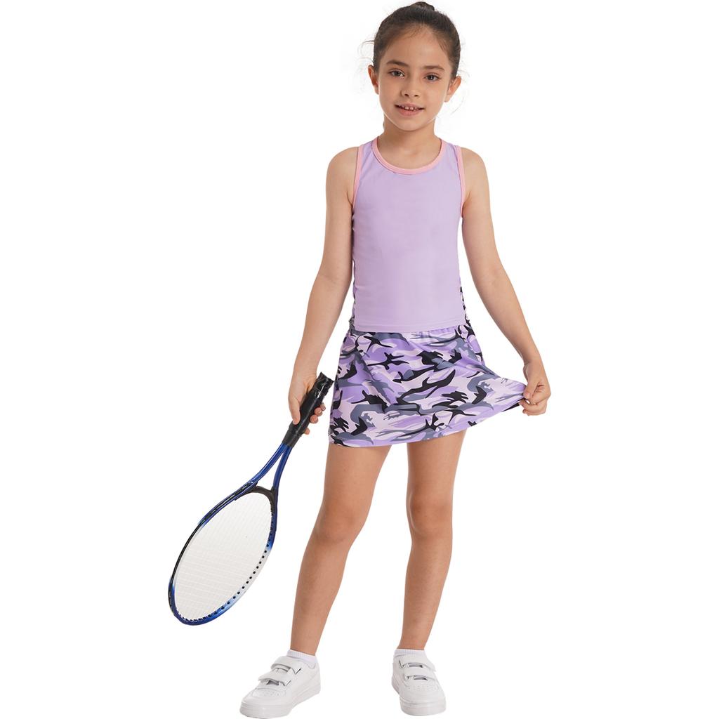 2Pcs Kids Girls Tennis Suit Sleeveless Racer Back T-shirt Top and Elastic Waist Skirt with Built-in Shorts Set for Running Gym Tennis Golf Sportswear