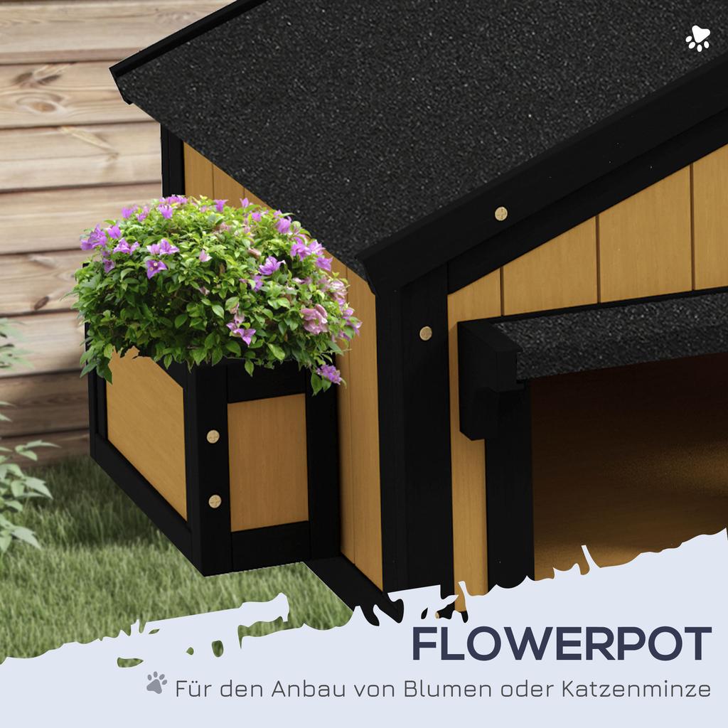 Wooden Cat House with Flower Pot, Windows, Multiple Entrances, Water-Resistant Roof for Outdoor - Yellow