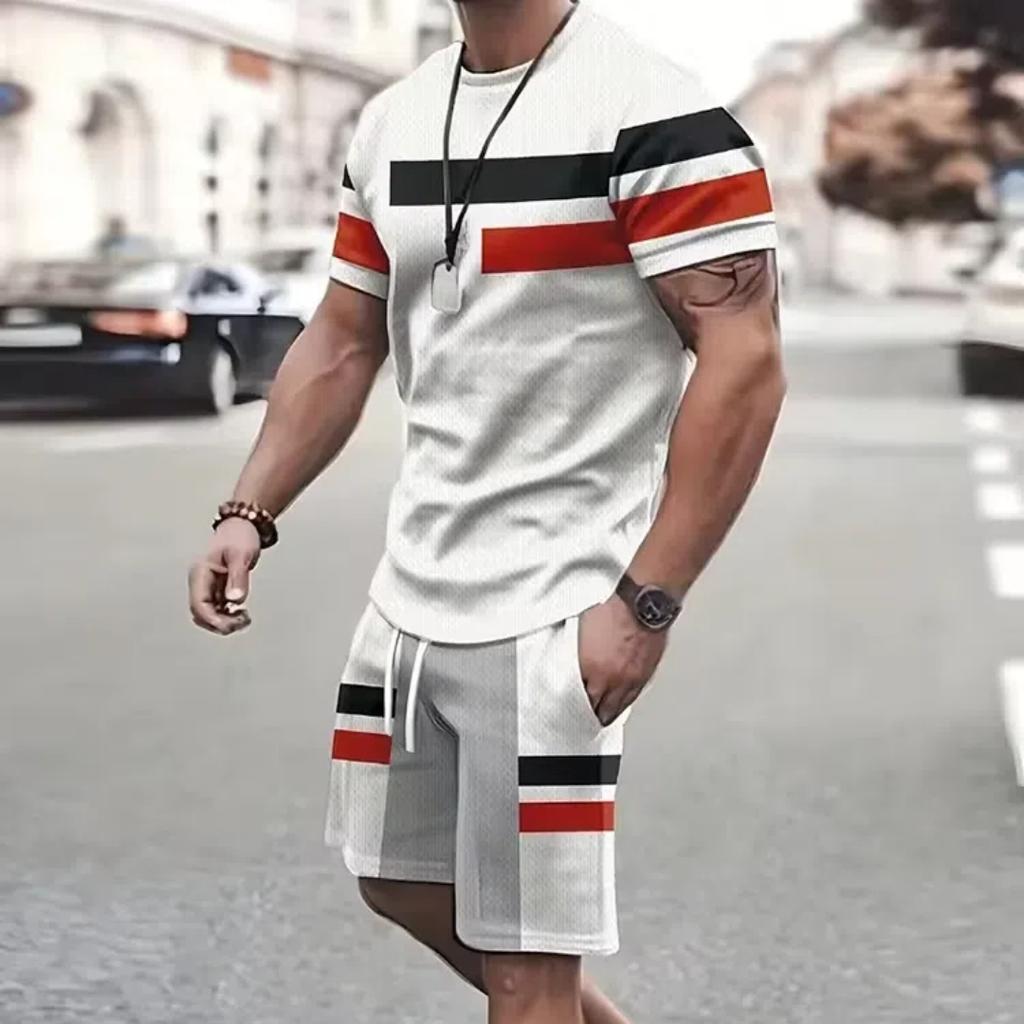 Летний уличный мужской костюм с короткими рукавами, повседневный, повседневный, модный, с короткими рукавами, для активного отдыха, спортивные шорты, новаторский полосатый принт