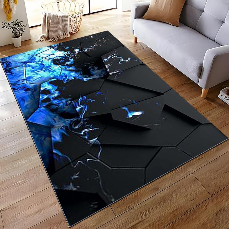 "Modern Abstract Rug With Blue Flame Effect On Black Hexagonal Design" Suitable for use as an anti-slip for living room bedroom sofas