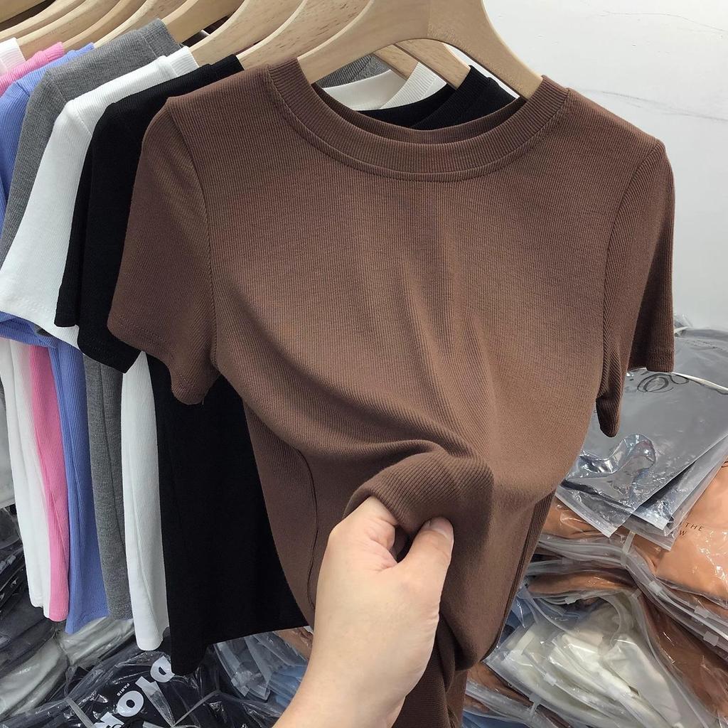 Summer 2025 Women's Slim Fit Round Neck Short Sleeve T-Shirt - Versatile Solid Color Top