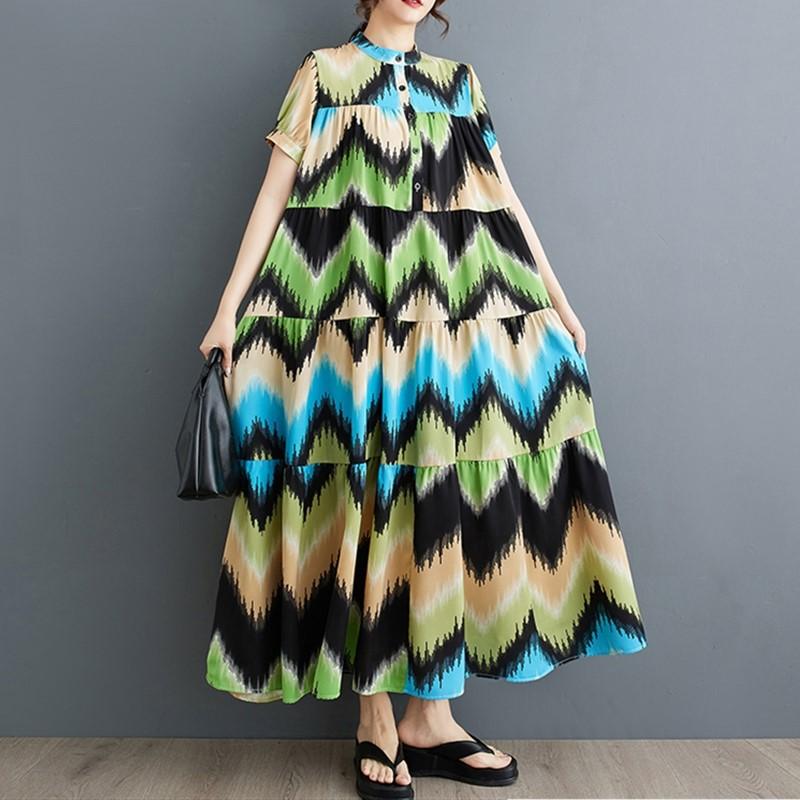 Новое винтажное платье с цветочным принтом больших размеров с коротким рукавом для женщин, повседневное свободное длинное летнее платье