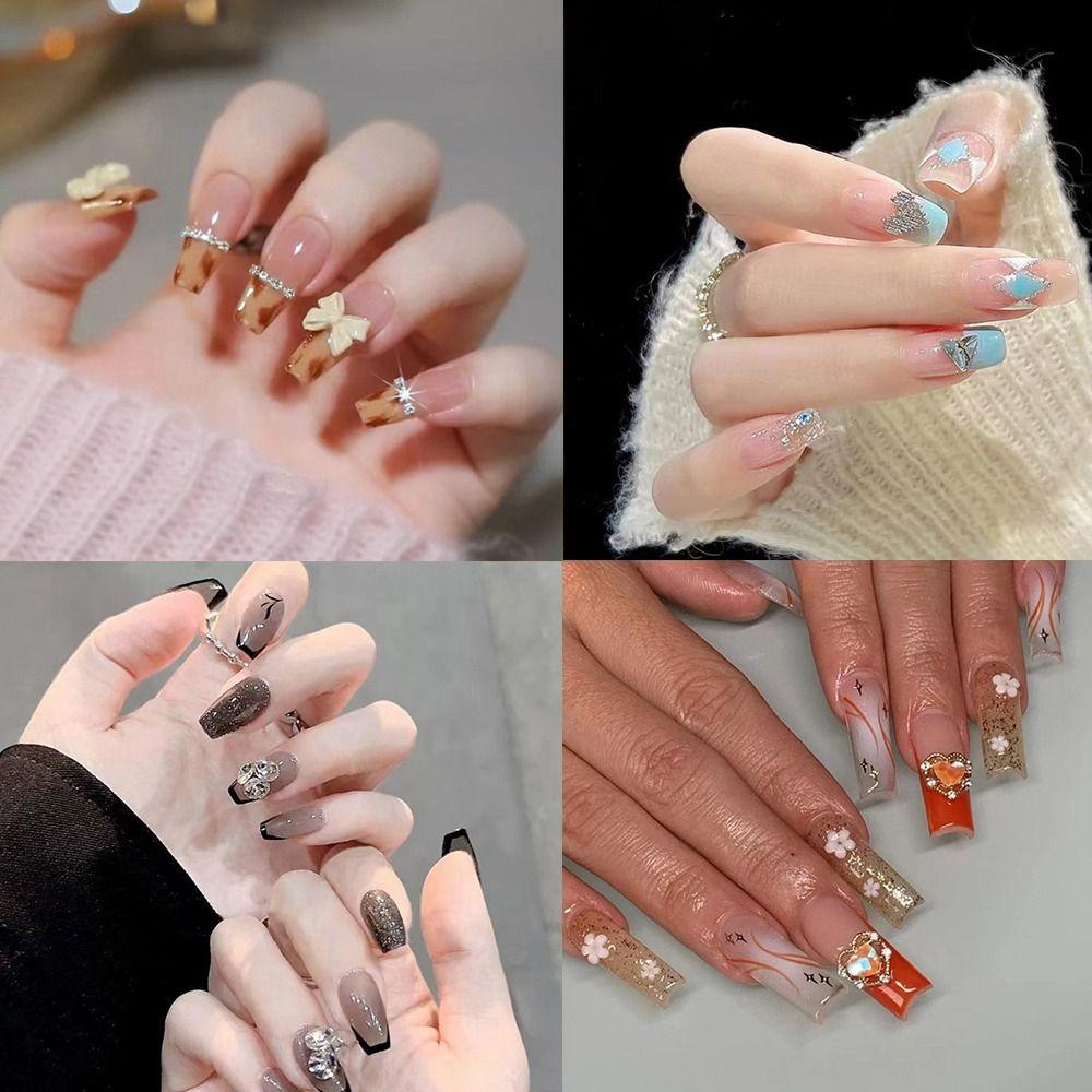 24pcs Detachable Nail Tips Black Blue Press On Nails Full Cover Fake Nails Long Ballerina French