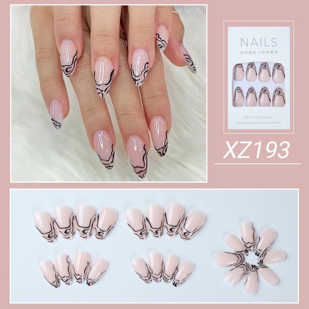 24pcs Press On Nails French Wavy Lines Full Cover False Nail Fake Nails Almond