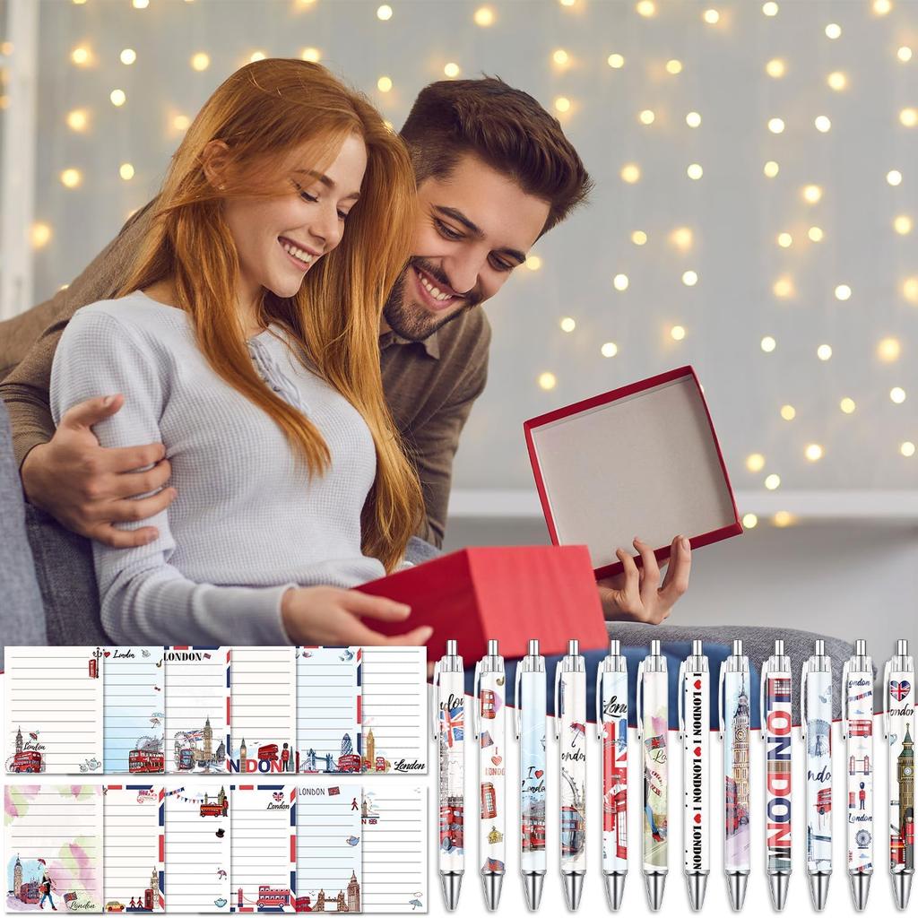 Wxiben Лондоские Стикеры с Ручками - 24 шт. Блокноты для Путешествий по Лондону Англия Шариковые Ручки Оптом Заметки с Британским Флагом Ручка с Черными Чернилами Сувенирные Подарки для
